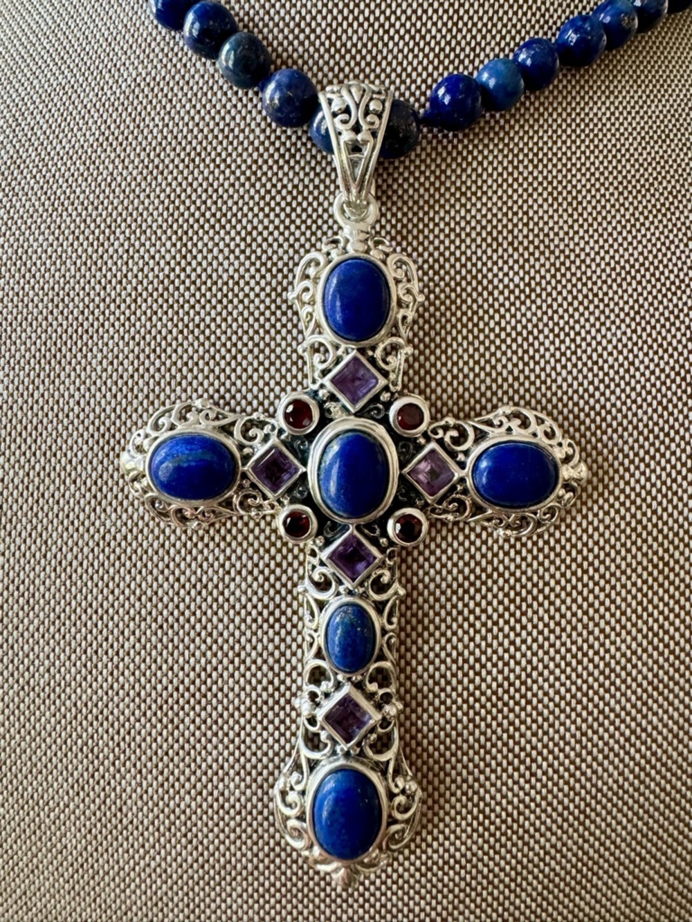 Silver Designer Cross Enhancer With Lapis, Amethyst, Garnet Gemstones 3 1/2”